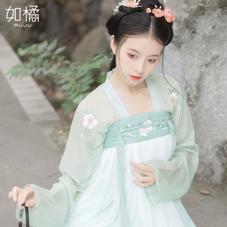 汉服女中国风绿色唐制齐胸襦裙小个子白菜樱花...