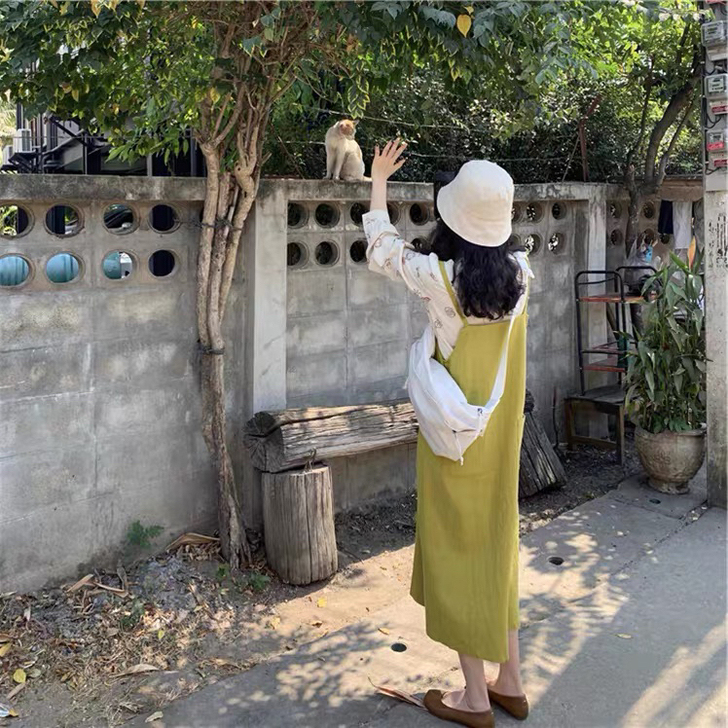 背带裙2021春夏款小个子长款过膝日系复古...