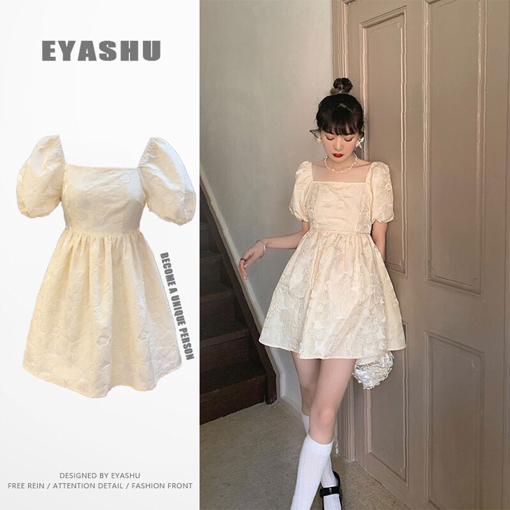 迪士尼在逃公主裙泡泡袖蓬蓬裙子法式复古方领...