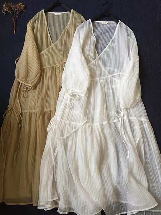 法式清凉斜襟系带减龄连身裙国风轻中式天丝压...