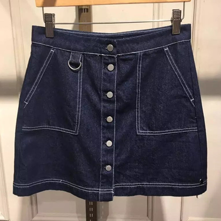 拉夏贝尔 百搭单排扣短裙女牛仔A字裙半##...