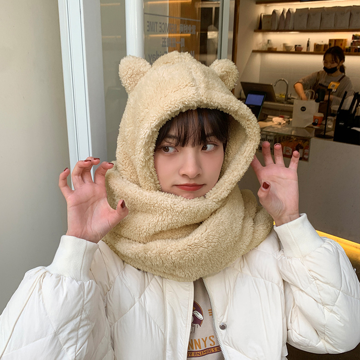 帽子围脖一体女秋冬韩版百搭毛绒保暖骑车可爱...