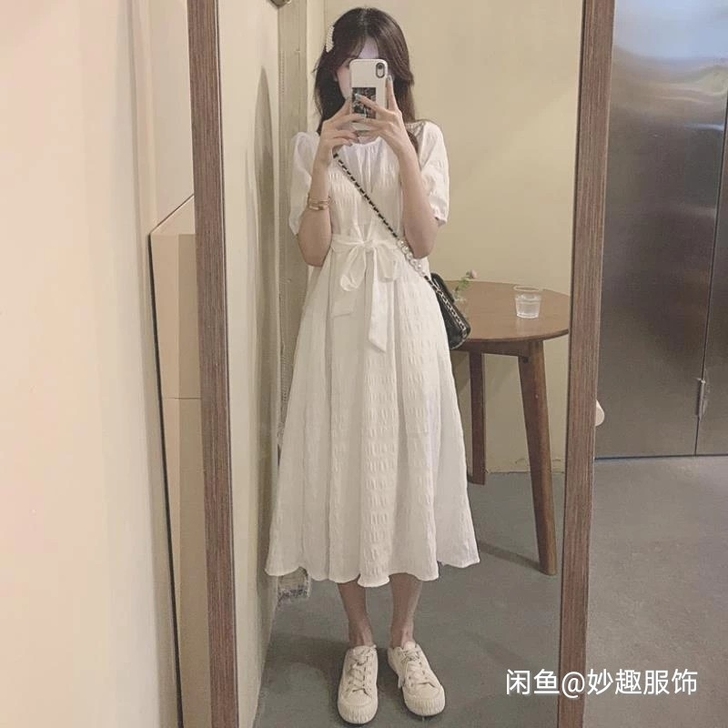 小个子白色连衣裙女夏季长裙裙子系白裙夏