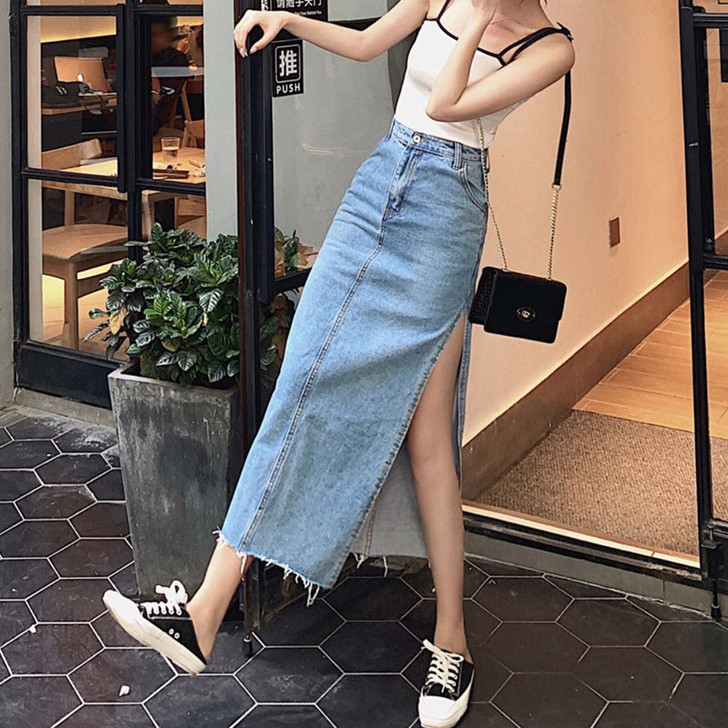 牛仔裙女春夏炸街性感侧开叉半身长裙高腰修身...
