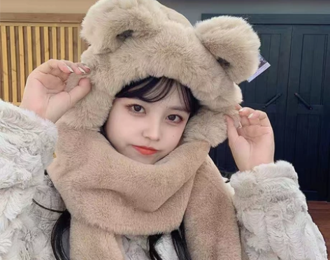小熊帽子女秋冬天百搭围巾围脖一体冬季骑车保...