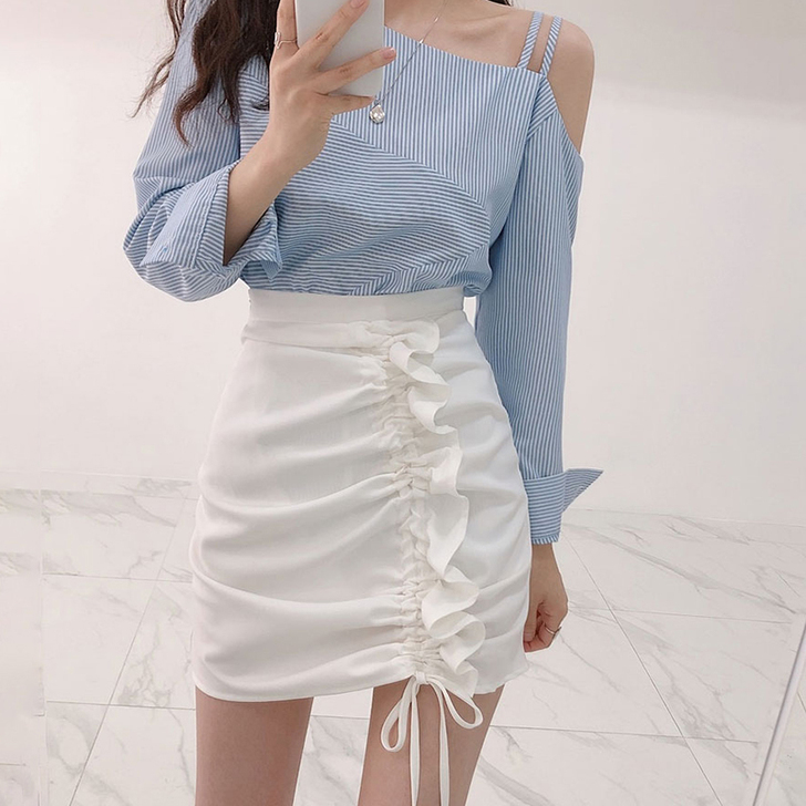 半身裙设计感女小众白色抽绳包臀一步裙高腰显...
