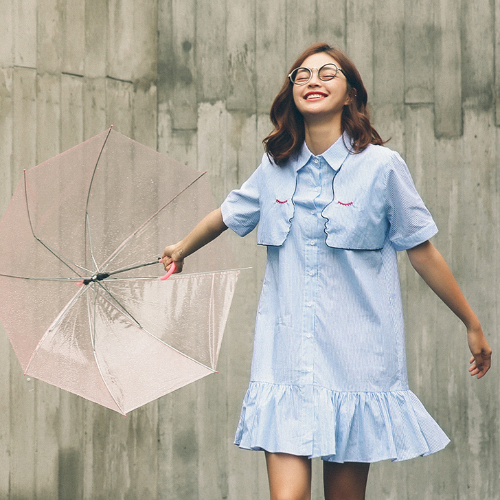 原创学院风荷叶边裙条纹纯色短裙