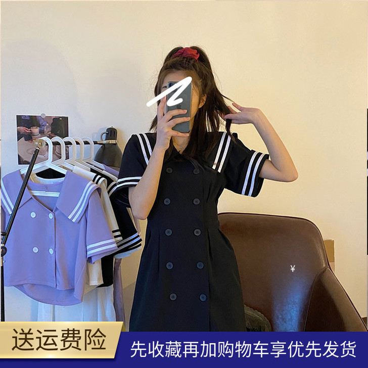连衣裙2021新款夏修身显瘦海军领学院in...