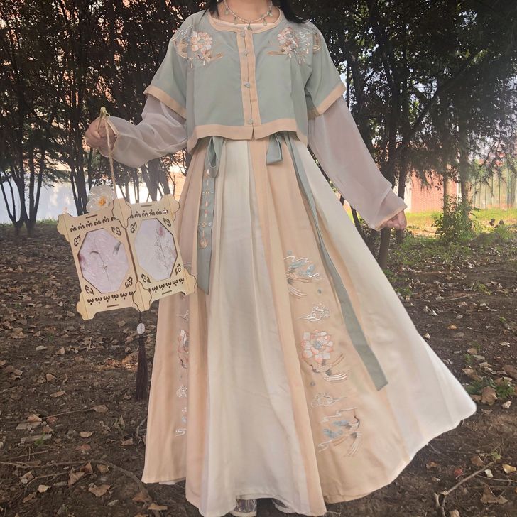 夜子溪原创汉服鹤春归坦领三件套一片式齐腰半...