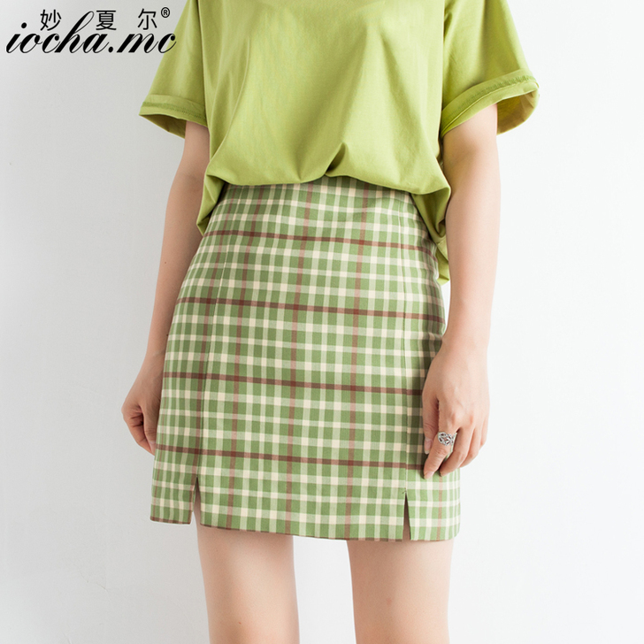 牛油果绿色格子半身裙女夏季抹茶高腰显瘦一步...