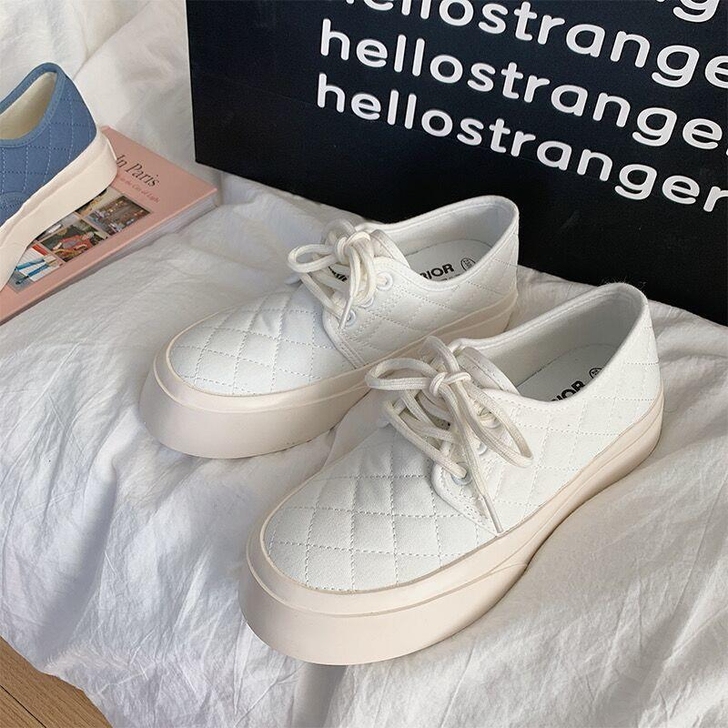 奶油菱格帆布鞋女ulzzang2021新款...