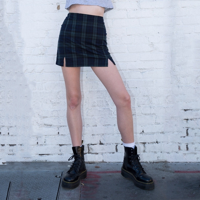 BM格子裙 蓝色短裙高腰拉链包臀裙半身裙子...