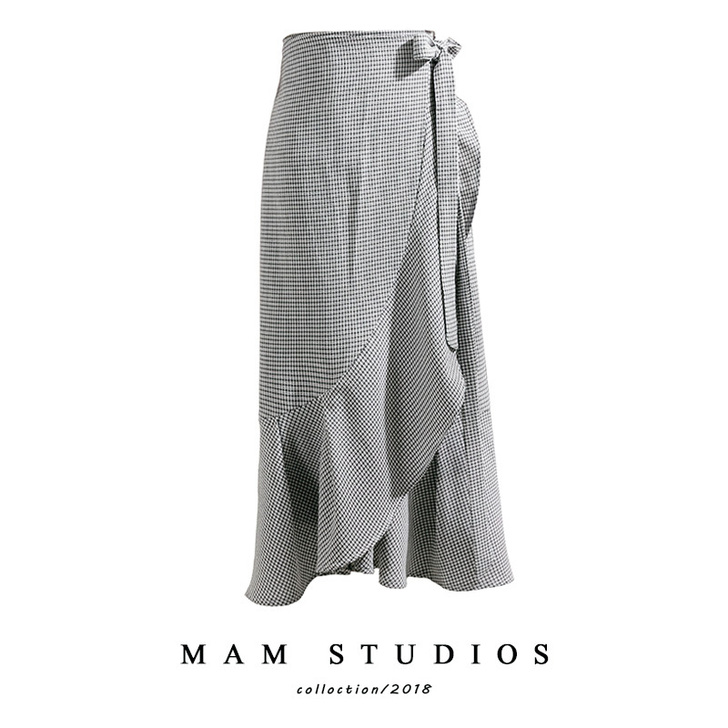 高腰复古文艺清新细格子绑带不规则荷叶边裙一...