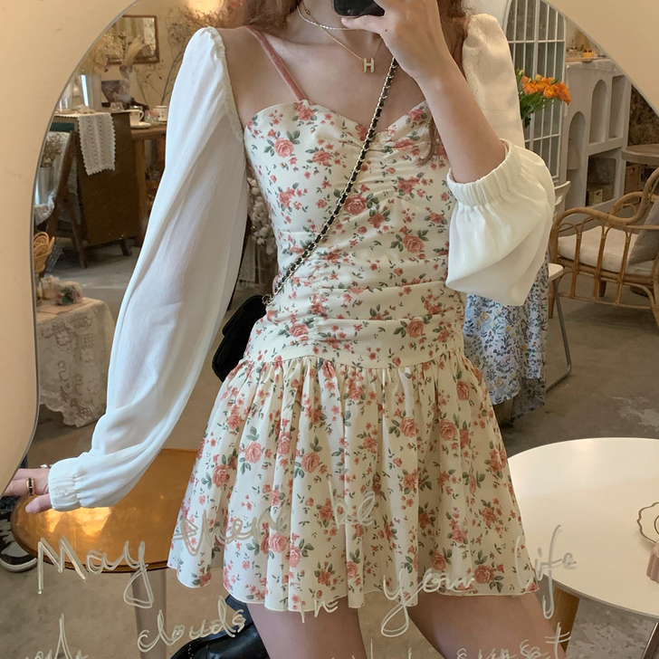 NAOAO 法式碎花吊带连衣裙女夏季新款设...