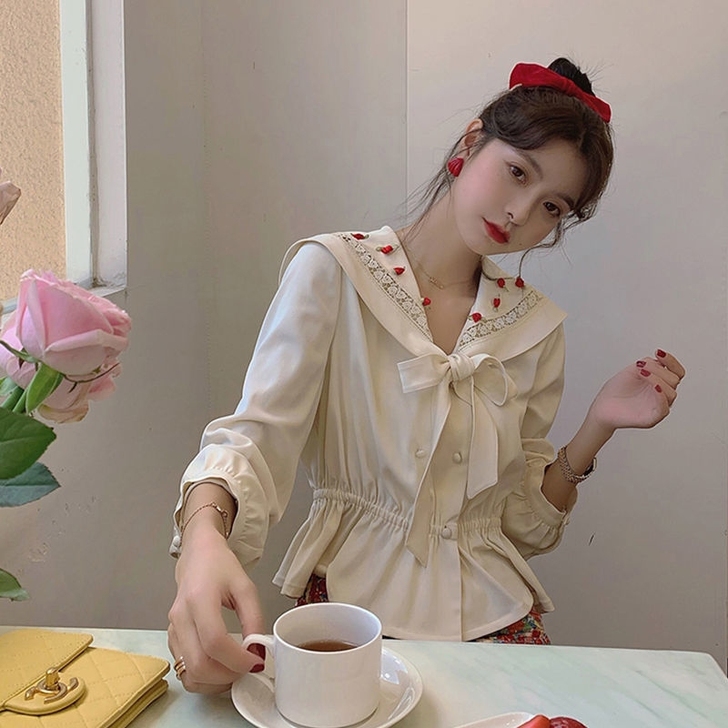 范智乔 白色海军领衬衫女初秋法式复古百搭收...