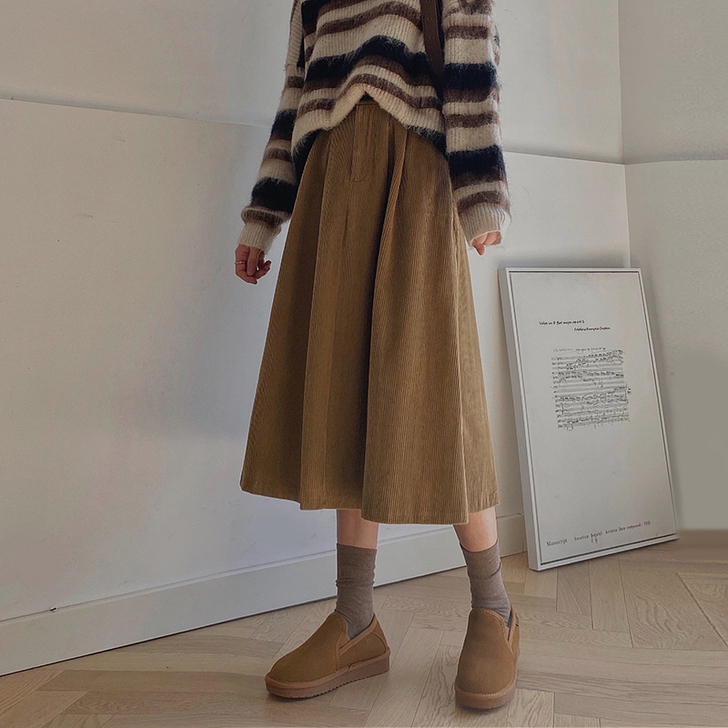 YU 学院风高腰显瘦灯芯绒半身裙女 秋冬韩...