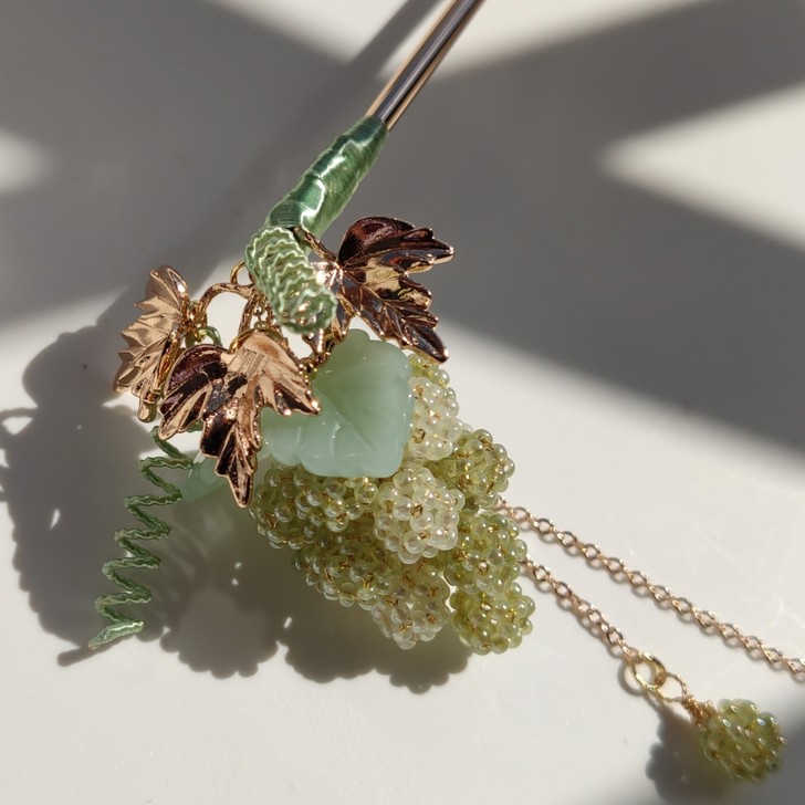 辑珠米珠绿提子水晶葡萄流苏步摇发簪汉服头饰