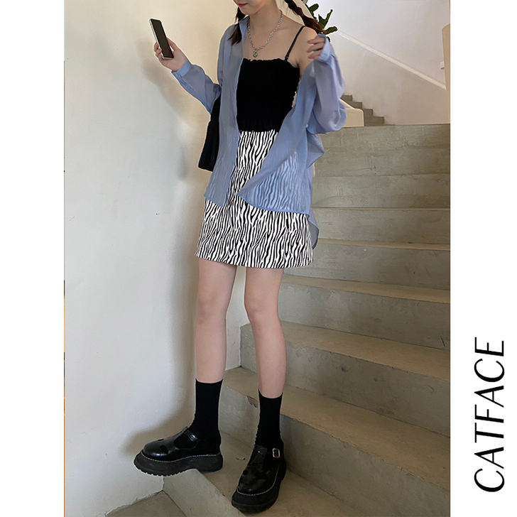 猫酱紫奶油斑马纹短裙女夏季复古半身裙高腰a...
