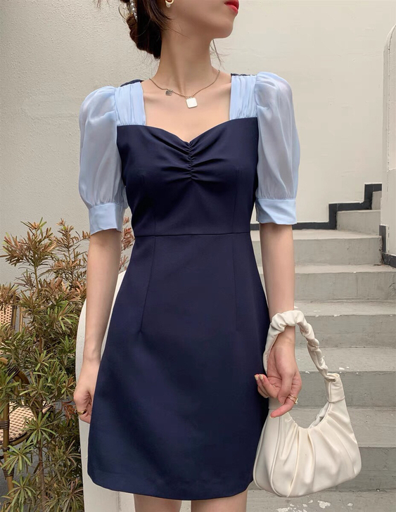 韩版2021夏季高级拼接连衣裙高腰网纱气质...