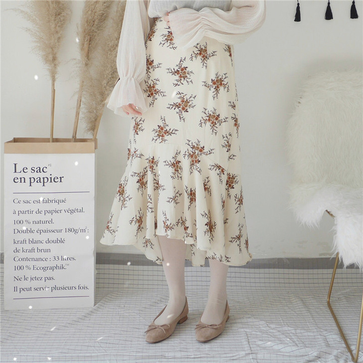 春夏新款 柔美气质印花不规则鱼尾裙摆##a...