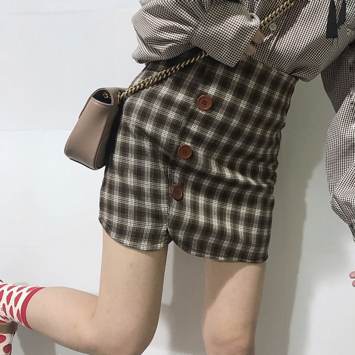 小开叉百搭格子高腰修身学院风半身裙一步裙 ...