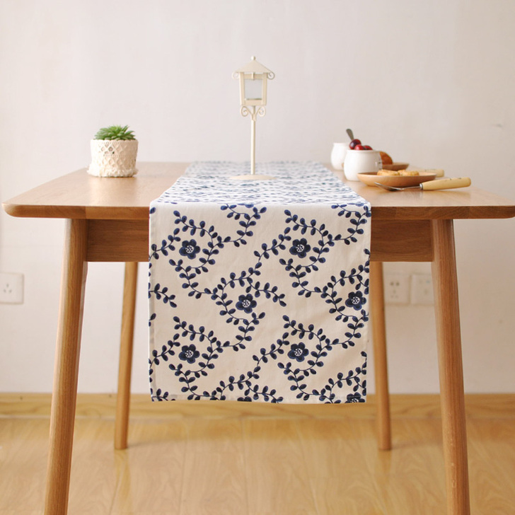 棉麻田园风清新水墨蓝花餐桌茶几电视柜桌旗中...