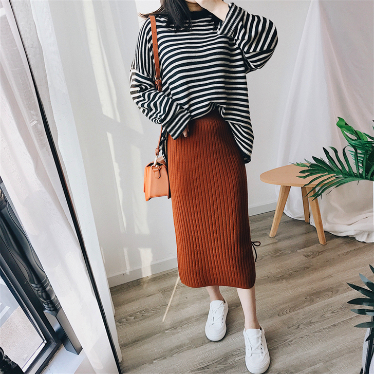 中长款纯色侧开叉螺纹针织半身裙高腰显瘦一步...