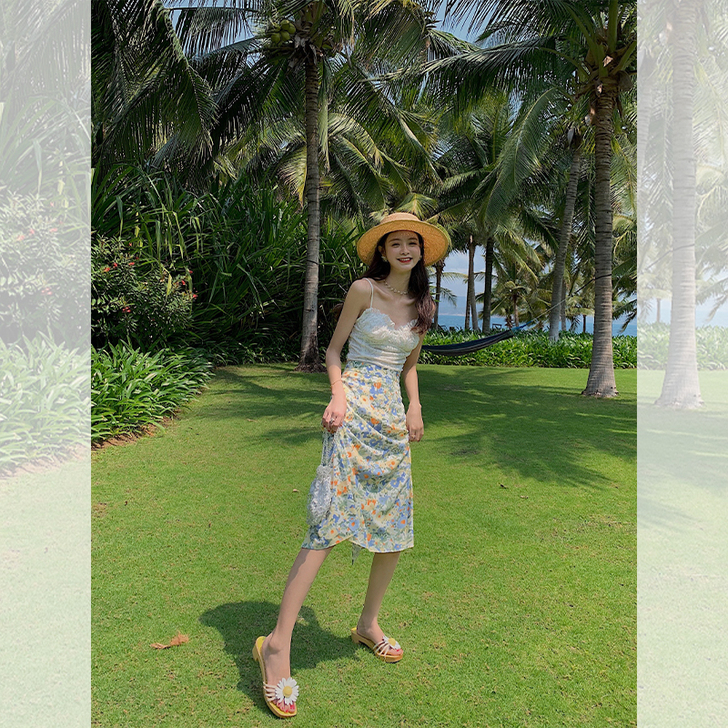 范智乔 蓝色水彩油画碎花半身裙女2020春...