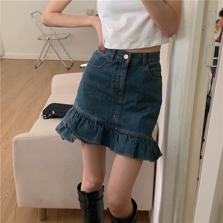 荷叶边牛仔鱼尾半身裙女2020年新款高腰显...