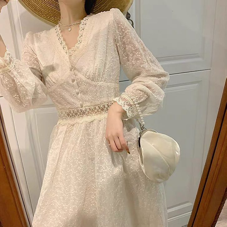 裙子仙女超仙 甜美法式白色蕾丝连衣裙女 全...