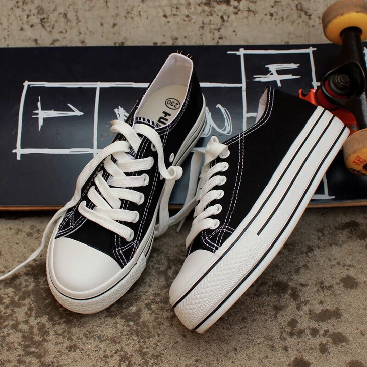 环球低帮帆布鞋黑色厚底全新松糕休闲板鞋37...