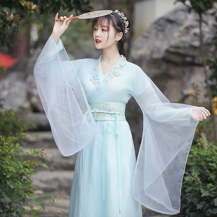 （出租）汉服女夏中国风原创古风蓝色古装广袖...