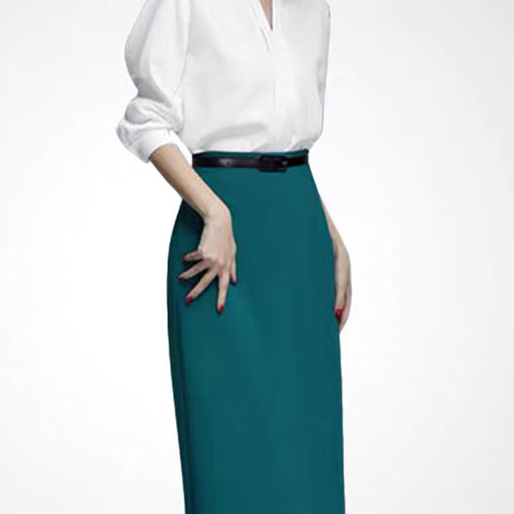 白衬衣长袖V领两件套秋新款女修身一步裙