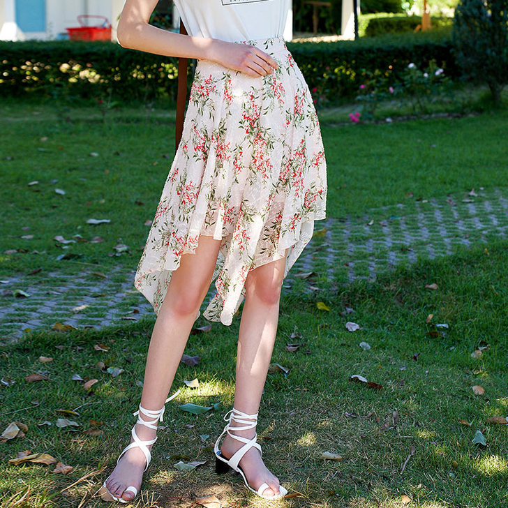 三彩 高腰半身裙印花雪纺裙不规则裙摆 浪漫...