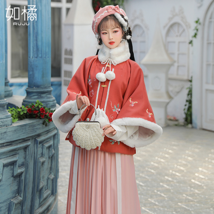 汉服女中国风原创明制方领半袖蓝色大全套送自...