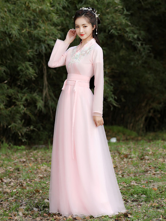 粉色汉服女正品原创飘逸古风整套古装中国风改...