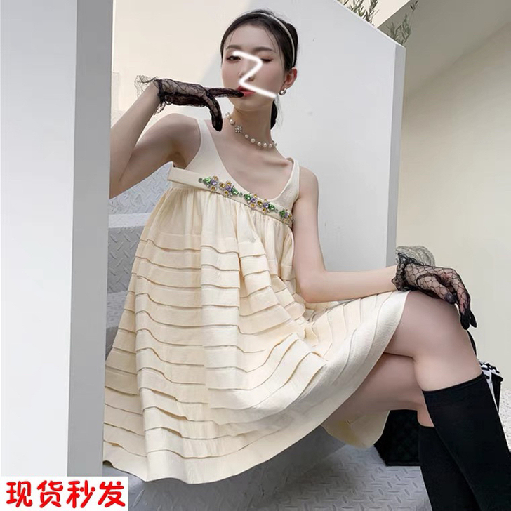 shushutong同款连衣裙重工条纹镶钻...