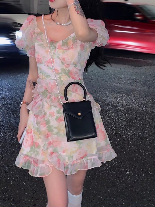 现货 芭比姨鱼尾连衣裙女夏粉色初恋法式裙收...
