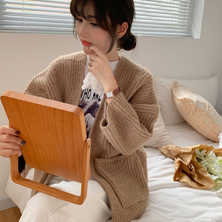 复古气质法式小众浅咖色卡其色慵懒风毛衣开衫...