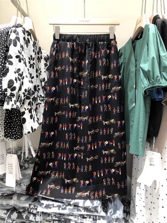 抽象动漫印花一步裙A字裙高腰显瘦开叉裙半身...