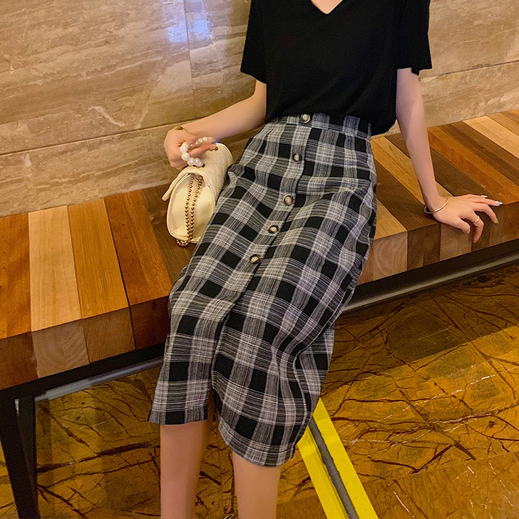 格子半身裙女2019新款夏高腰中长款开叉包...
