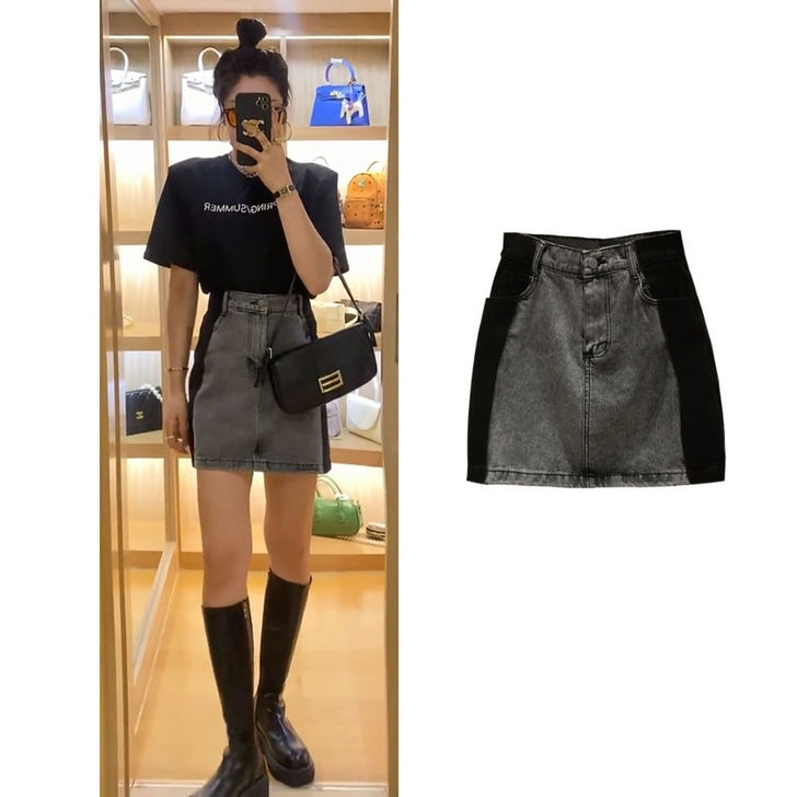 牛仔半身裙女2021夏季薄款百搭撞色设计感...