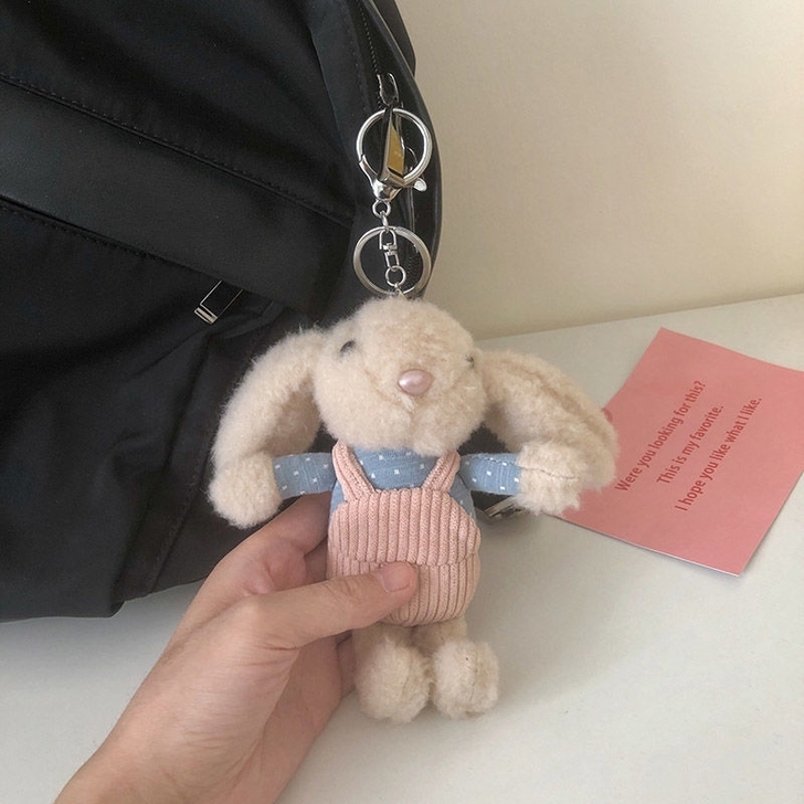 可爱背带裤长耳兔钥匙扣香造毛绒兔子公仔钥匙...