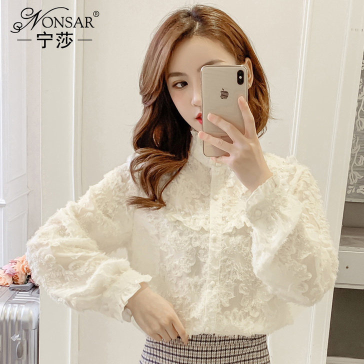 宁莎2020早春新款韩版木耳边立领蕾丝衬衫...