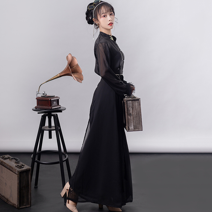 青渊原创汉服女汉元素复古对襟衫齐腰裙中国风...