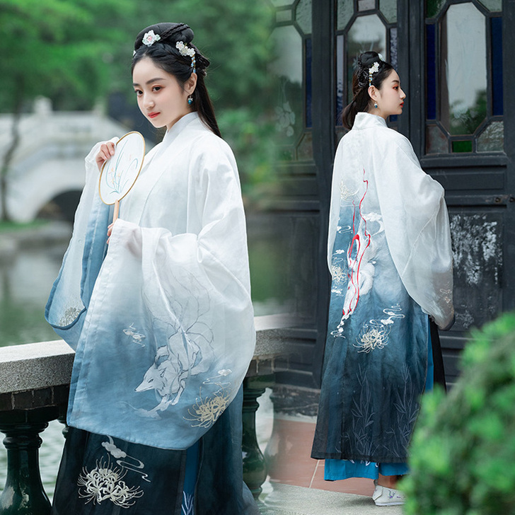 古装女汉服超仙九尾狐刺绣男齐腰广袖白菜全套...