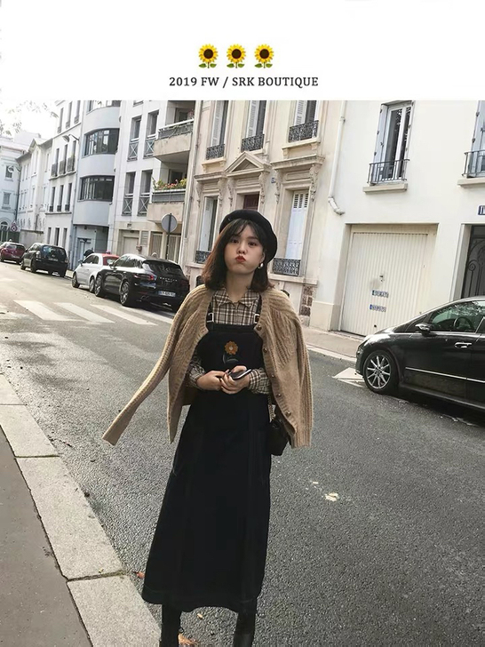 ◆SRK◆刺绣小花学院风深蓝色牛仔背带裙女...