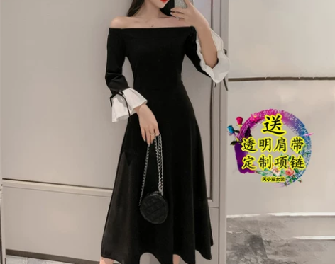 2021赫本风小黑裙长裙性感复古气质一字领露