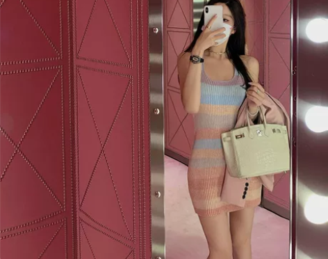 樊樊安彩色糖果渐变针织挂脖连衣裙女夏季短款...