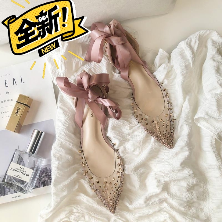 单鞋夏新款柳钉绑带仙女水晶百搭